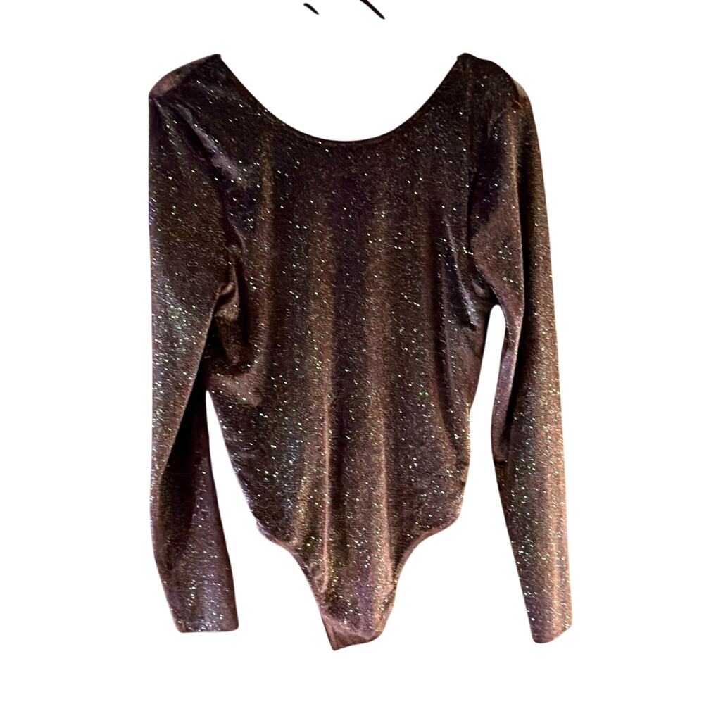 Victoria Sport Women’s Long Sleeve V-Neck Bodysuit Purple Silver Glitter L